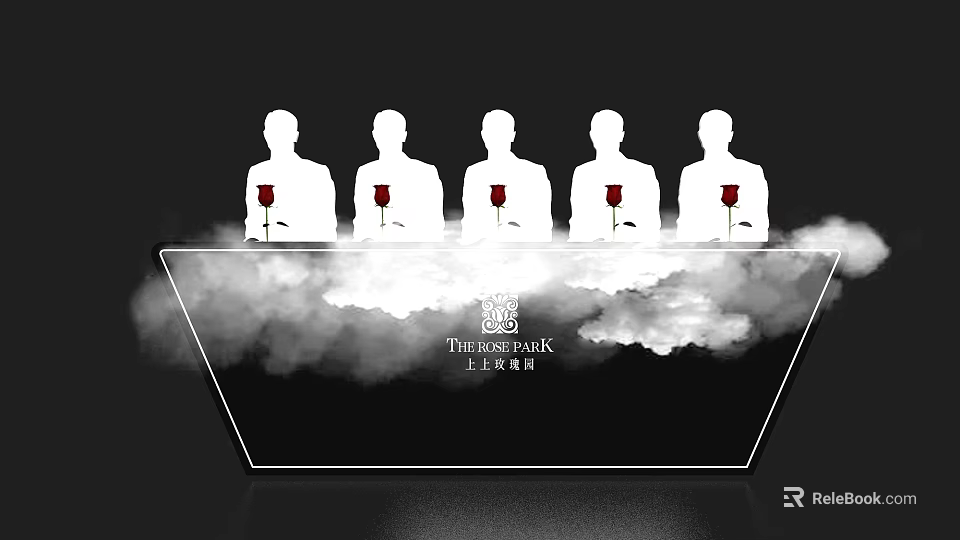Transparent Reception Desk With Five Silhouette Figures Holding Red Roses And Smoke Clouds 3d model 