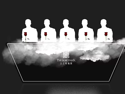 Transparent Reception Desk With Five Silhouette Figures Holding Red Roses And Smoke Clouds 3d model