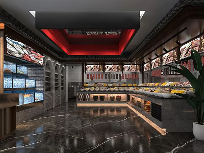 Buffet Restaurant Interior With Food Display Counters Dishes Marble Flooring Red Ceiling And Green Plants 3d model