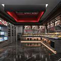 Buffet Restaurant Interior With Food Display Counters Dishes Marble Flooring Red Ceiling And Green Plants