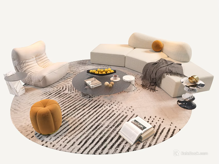 Modern Cream Sofa Coffee Table Combination with Orange Pillows Striped Rug and Decorative Items 3d model 