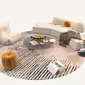 Modern Cream Sofa Coffee Table Combination with Orange Pillows Striped Rug and Decorative Items