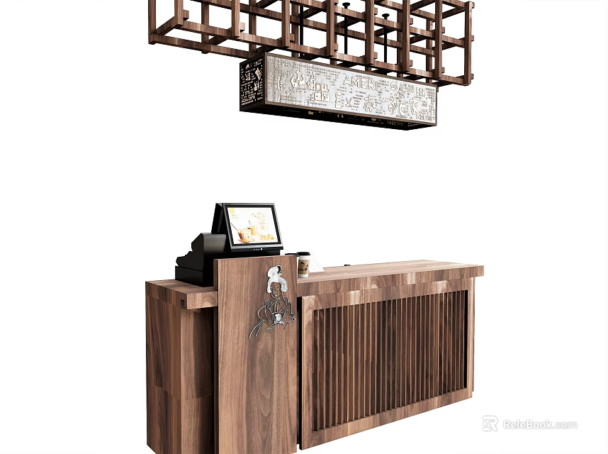 Wooden Reception Desk With Digital Screen And Decorative Overhead Shelf 3d model 