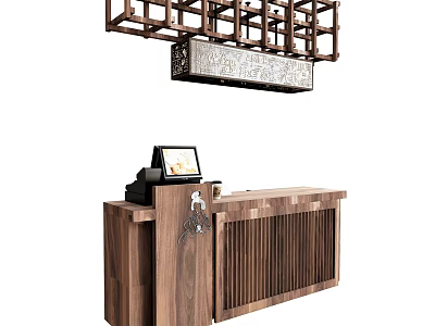 Wooden Reception Desk With Digital Screen And Decorative Overhead Shelf 3d model