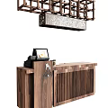 Wooden Reception Desk With Digital Screen And Decorative Overhead Shelf