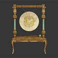 Ornate Brass Gong Stand With Green Columns Decorative Legs And Engraved Gongs