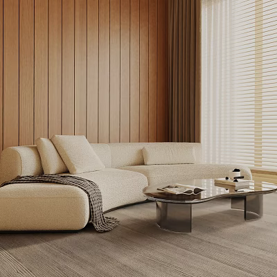 Elegant Modern Beige Three-Seater Sofa With Wooden Wall Panels Coffee Table And Throw Blanket 3d model