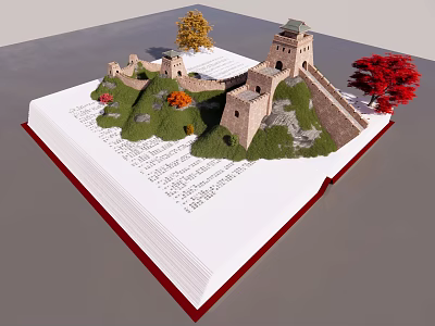 Scenic Great Wall Model Landscape on Open Book with Yellow and Red Trees 3d model
