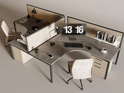 Modern Office Desk And Chair Set With Partition Computer Lamp Phone And Supplies 3d model