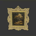 Ornate Black Carved Frame With Golden Tree Painting And Dark Background