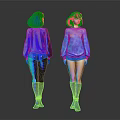 Two Women In Blue Outfits Short Skirts Long Socks With Glowing Details Back Front View
