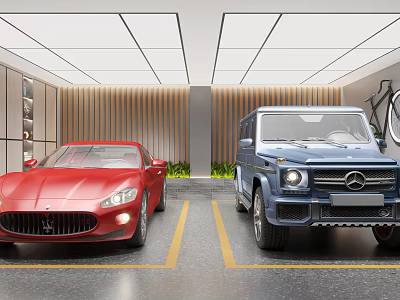 Modern Garage Interior Design With Red Sports Car Blue SUV And Ambient Lighting 3d model