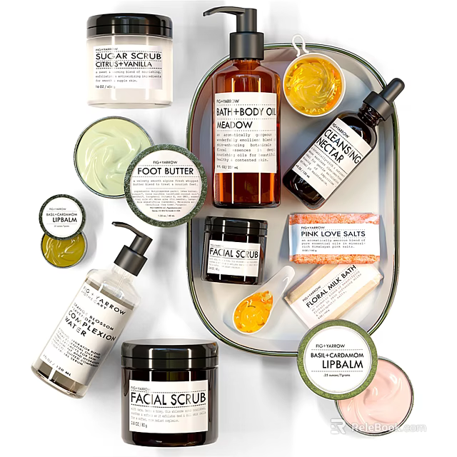 Essential Bathroom Accessories Collection With Body Wash Scrub Bath Salts And Lip Balm 3d model 