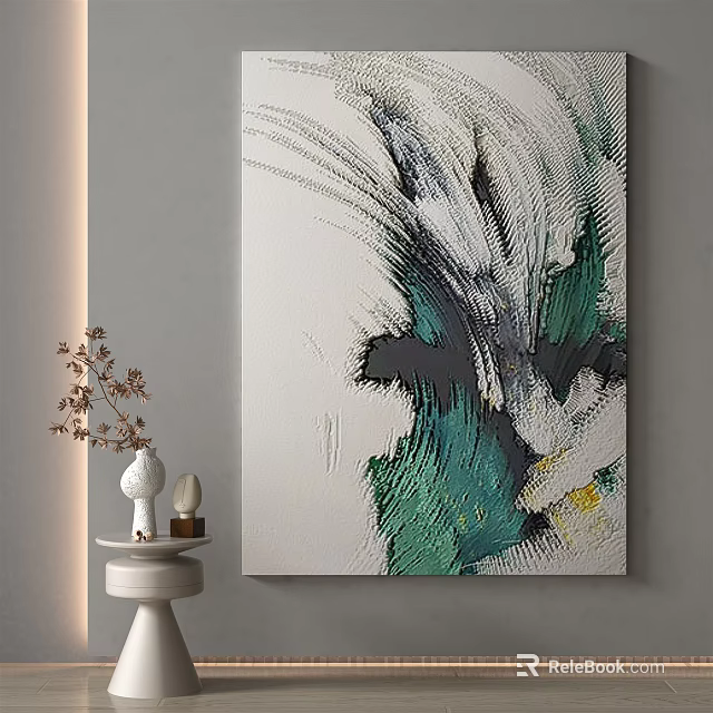 Modern Abstract Painting With White Black Green Textured Brushstrokes For Interior Wall Art 3d model 