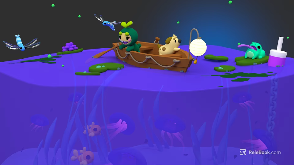 Aquatic Animals In Boat With Yellow Pet On Purple Water With Lilies Jellyfish Glowing Lantern 3d model 