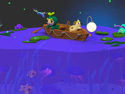 Aquatic Animals In Boat With Yellow Pet On Purple Water With Lilies Jellyfish Glowing Lantern 3d model