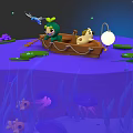 Aquatic Animals In Boat With Yellow Pet On Purple Water With Lilies Jellyfish Glowing Lantern