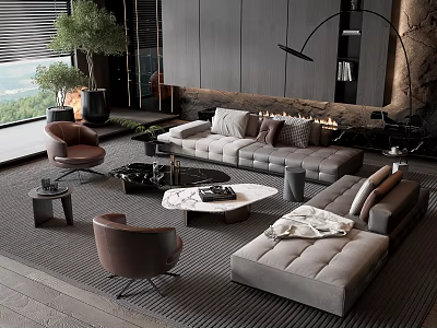Modern Living Room Gray Sofa and Round Coffee Table Combination with Accent Chairs and Green Plants 3d model