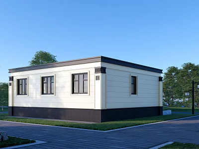 Modern White Single Family House With Multiple Windows Green Trees Lawn And Paved Driveway 3d model