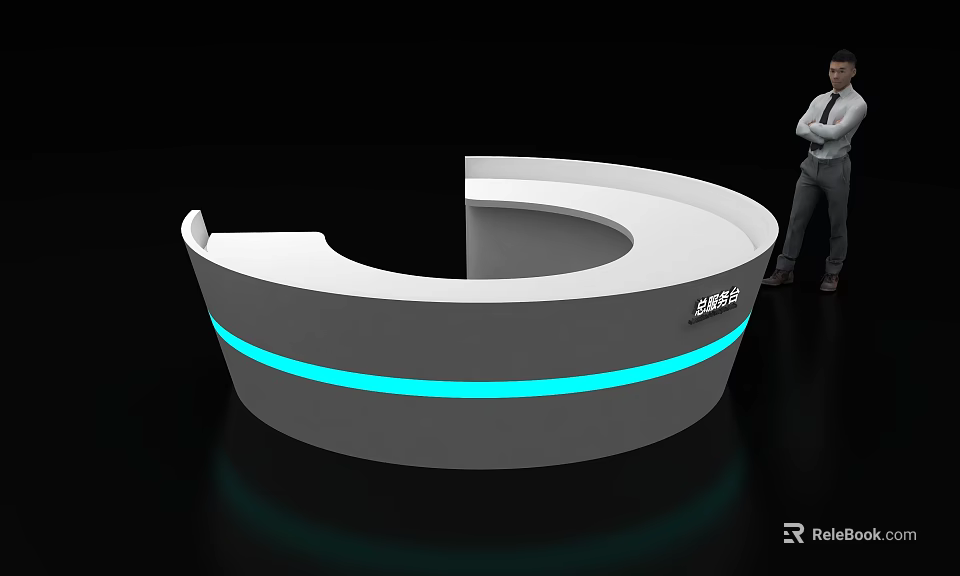 Modern Curved Reception Desk With Blue Illuminated Strip And SUREE Logo 3d model 