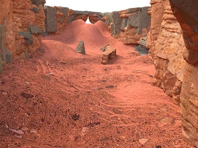 Red Sandstone Canyon Landscape With Rock Formations Sandy Ground And Natural Arch 3d model