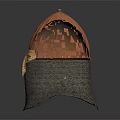 Ancient Decorative Helmet With Copper Dome Top Golden Visor And Gray Mesh Neck Guard