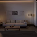 Minimalist Hotel Guest Room Interior With Sofa Floor Lamp Coffee Table And Green Screen Windows