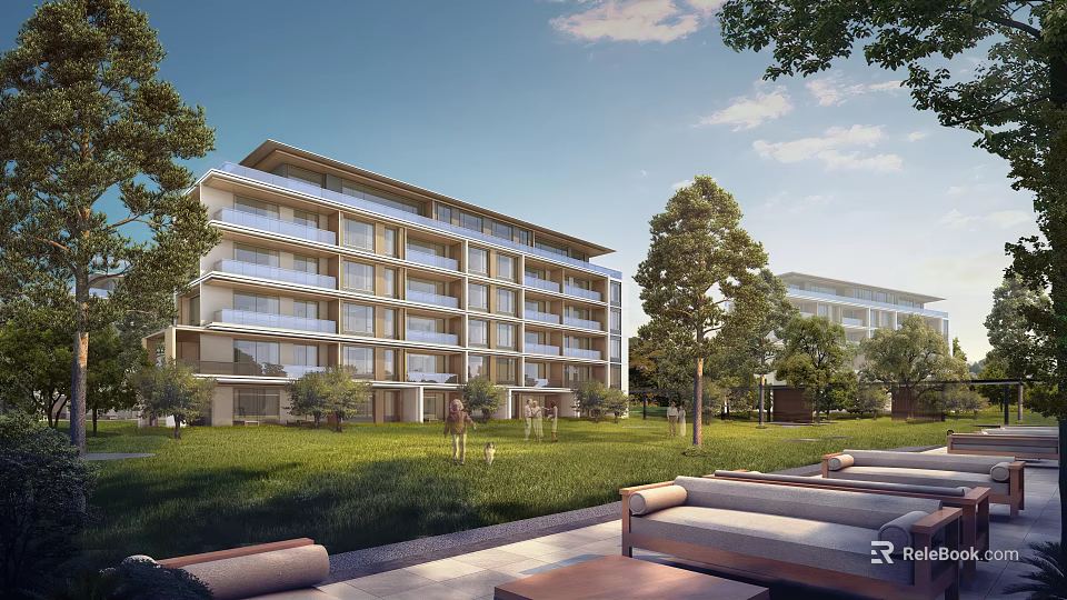 Modern Multi Story Apartment Building With Green Lawn Trees And Outdoor Lounge Chairs 3d model 