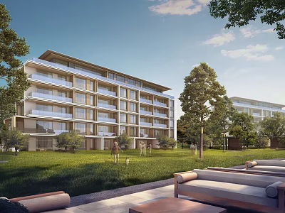 Modern Multi Story Apartment Building With Green Lawn Trees And Outdoor Lounge Chairs 3d model