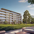 Modern Multi Story Apartment Building With Green Lawn Trees And Outdoor Lounge Chairs