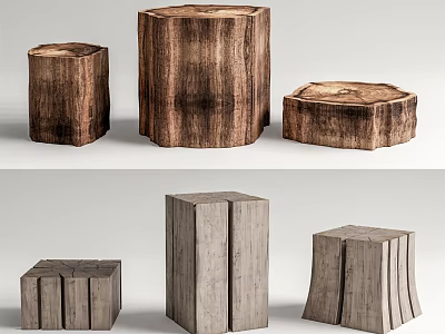Natural Wooden Stump And Geometric Light Colored Stools With Texture Design 3d model