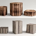 Natural Wooden Stump And Geometric Light Colored Stools With Texture Design 3d model