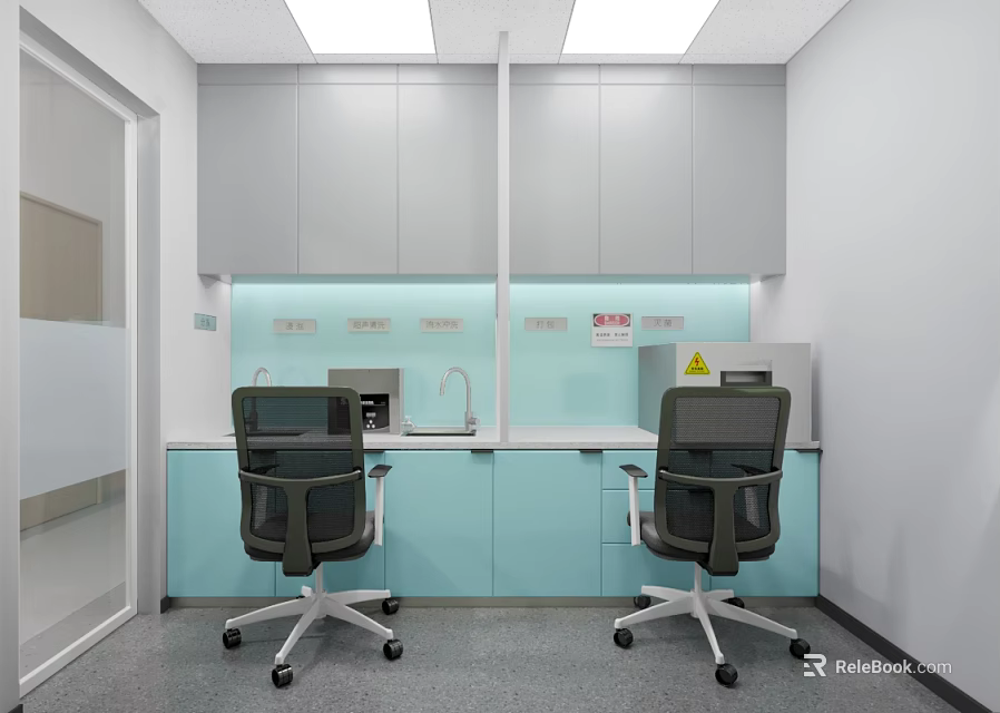 Modern Laboratory Workspace With Light Blue Workbench Gray Cabinets Office Chairs And Sink 3d model 