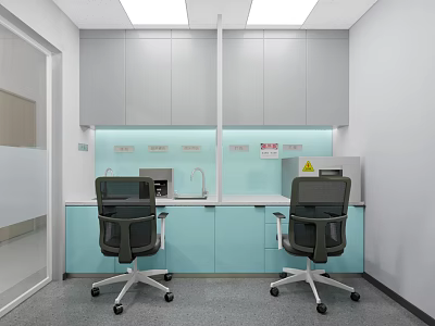 Modern Laboratory Workspace With Light Blue Workbench Gray Cabinets Office Chairs And Sink 3d model