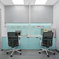 Modern Laboratory Workspace With Light Blue Workbench Gray Cabinets Office Chairs And Sink
