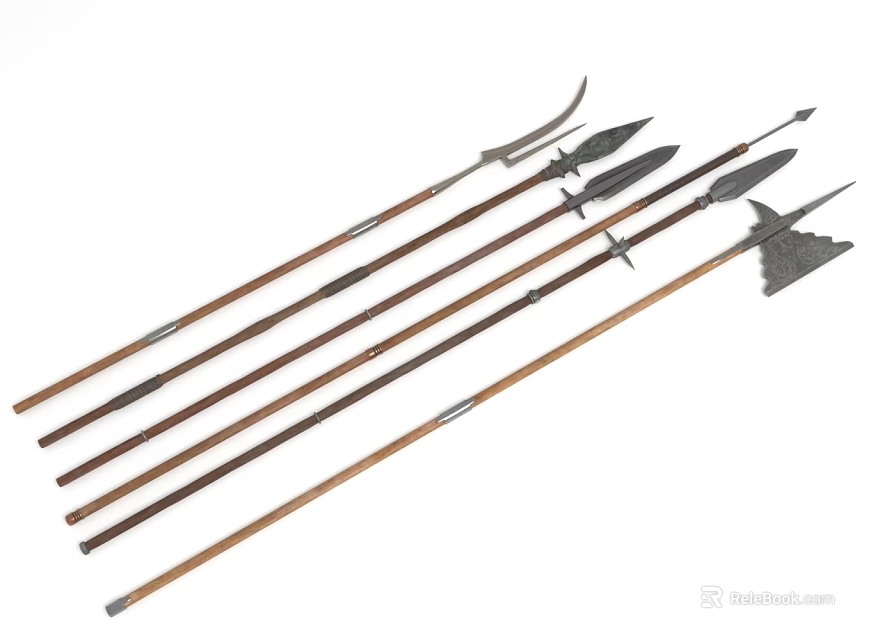 Multiple Historical Spears With Wooden Handles And Intricate Metal Head Designs 3d model 