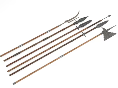 Multiple Historical Spears With Wooden Handles And Intricate Metal Head Designs 3d model