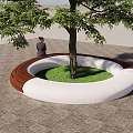 Circular Wooden Landscape Seat With Large Tree And Seated Person Under Blue Sky