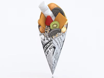 Delicious Cone Dessert With Strawberry Kiwi Cookies Toppings Wrapped In New York Post Newspaper 3d model