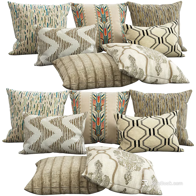 Decorative Throw Pillows With Various Patterns Textured Designs And Beige Brown White Tones For Sofa 3d model