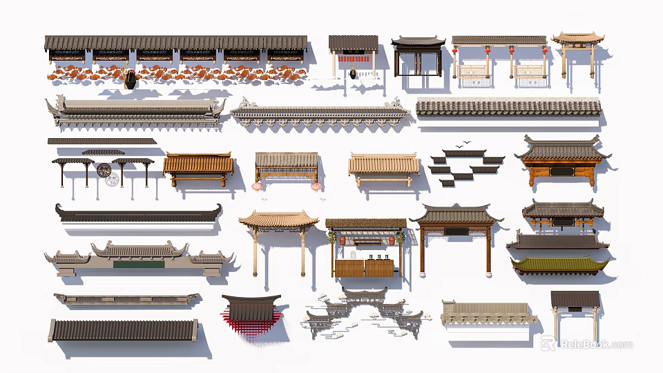 Traditional Chinese Architecture Components Including Roofs Eaves Beam Columns And Door Frames 3d model