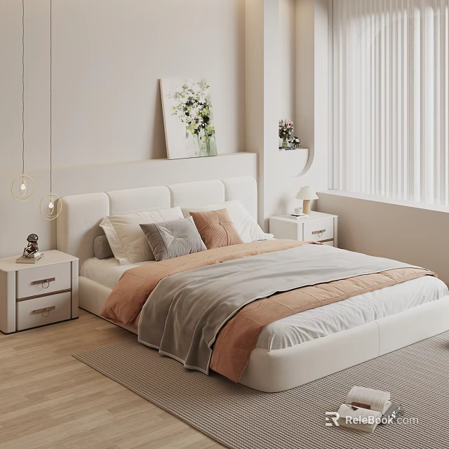 Minimalist Bedroom Interior Design With White Bed Colorful Pillows And Wall Art 3d model 