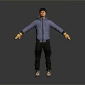 Man In Purple Hoodie Black Pants Yellow Gloves White Blue Shoes Standing On Gray Background