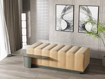 Modern Beige Tufted Sofa Bench with Gray Wall Art and Wooden Floor 3d model