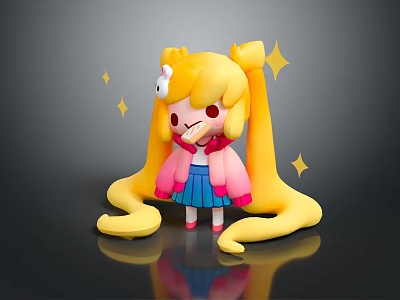 Cute Game Movie Character With Yellow Hair Twin Ponytails Pink Top Blue Skirt And Stars 3d model