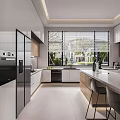 Modern Kitchen Interior With White Cabinets Island Counter Large Windows And Appliances