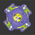 Purple Spinning Weapon With Yellow Center Green White Parts And Decorative Pattern