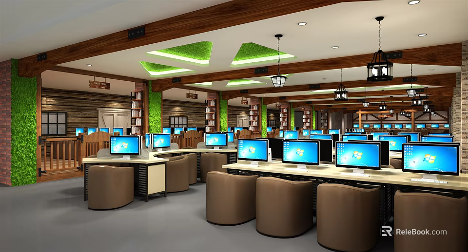 Modern Internet Cafe With Comfortable Seating Multiple Computers And Wooden Green Ceiling Design 3d model