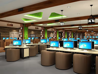Modern Internet Cafe With Comfortable Seating Multiple Computers And Wooden Green Ceiling Design 3d model