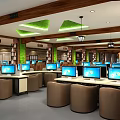 Modern Internet Cafe With Comfortable Seating Multiple Computers And Wooden Green Ceiling Design 3d model